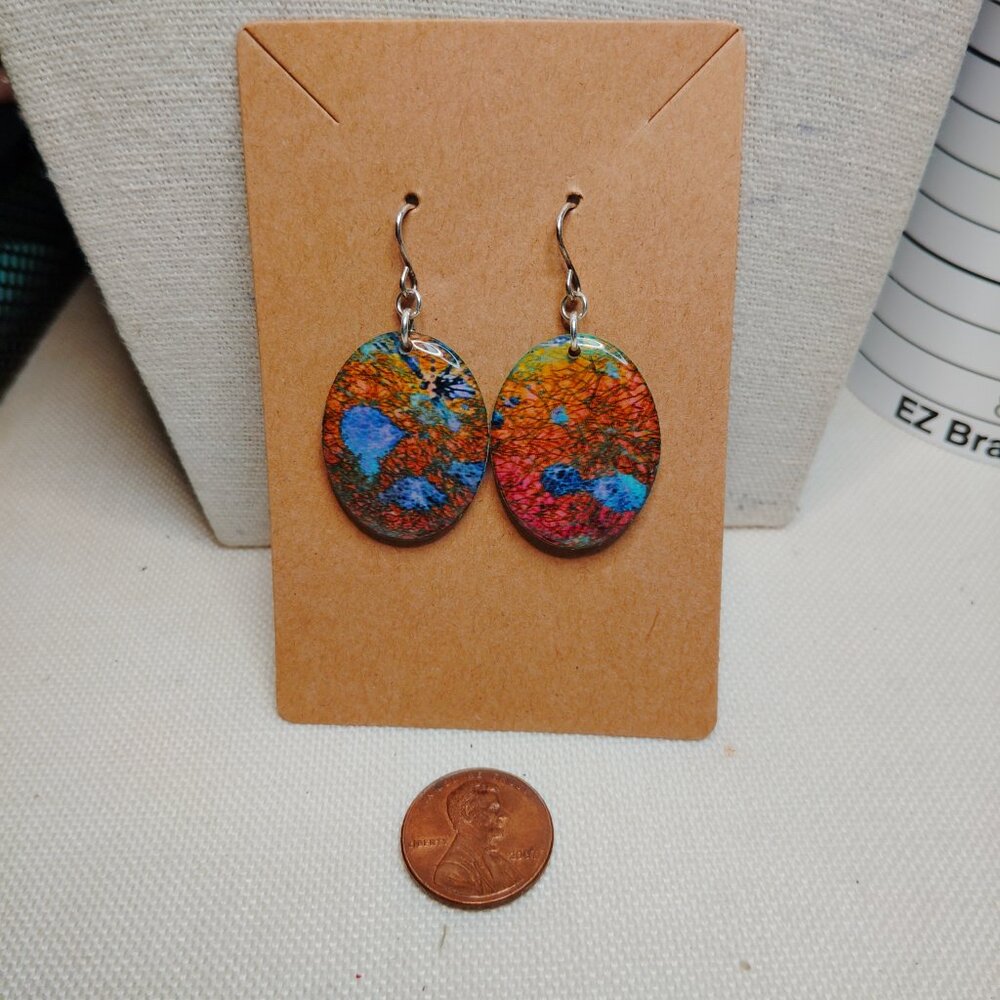 Multicolor Abstract Acrylic Oval Dangle Earrings with 925 Hooks